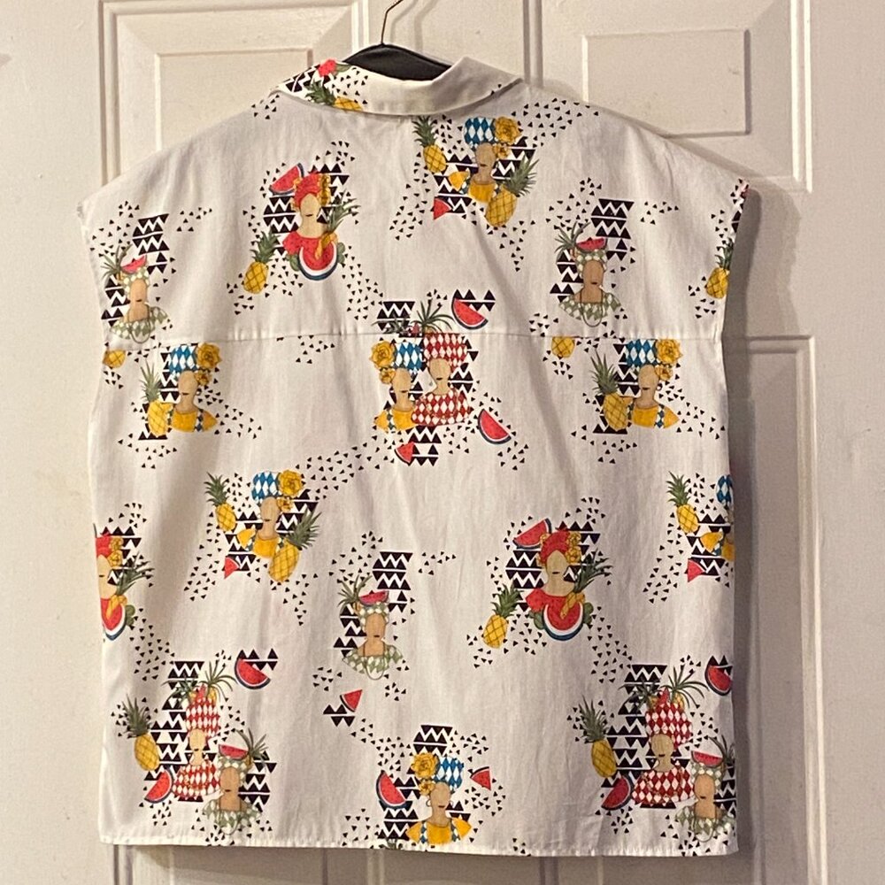 NWT ZARA Trafaluc Collection Sz L Blouse Button Up Cap Sleeve White/Multi Fruits - Picture 5 of 11